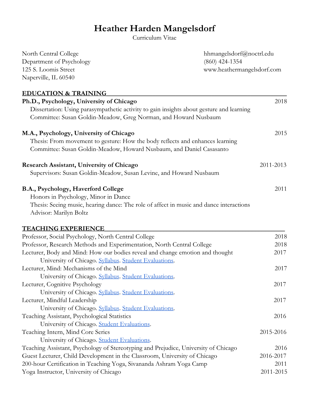 Heather Harden Mangelsdorf Curriculum Vitae