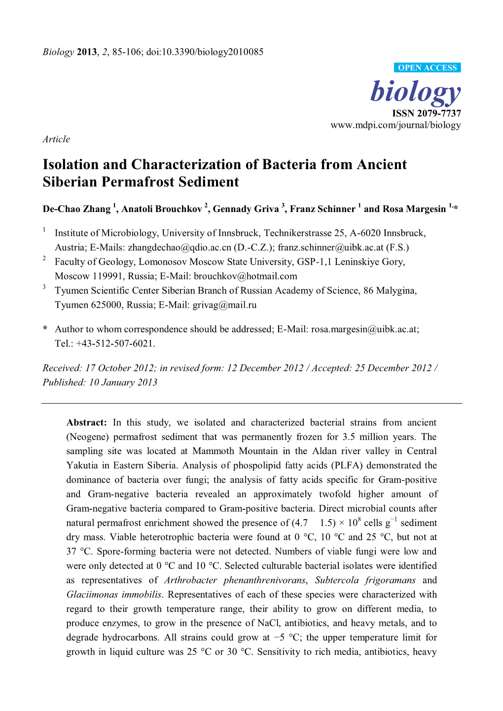 Isolation and Characterization of Bacteria from Ancient Siberian Permafrost Sediment