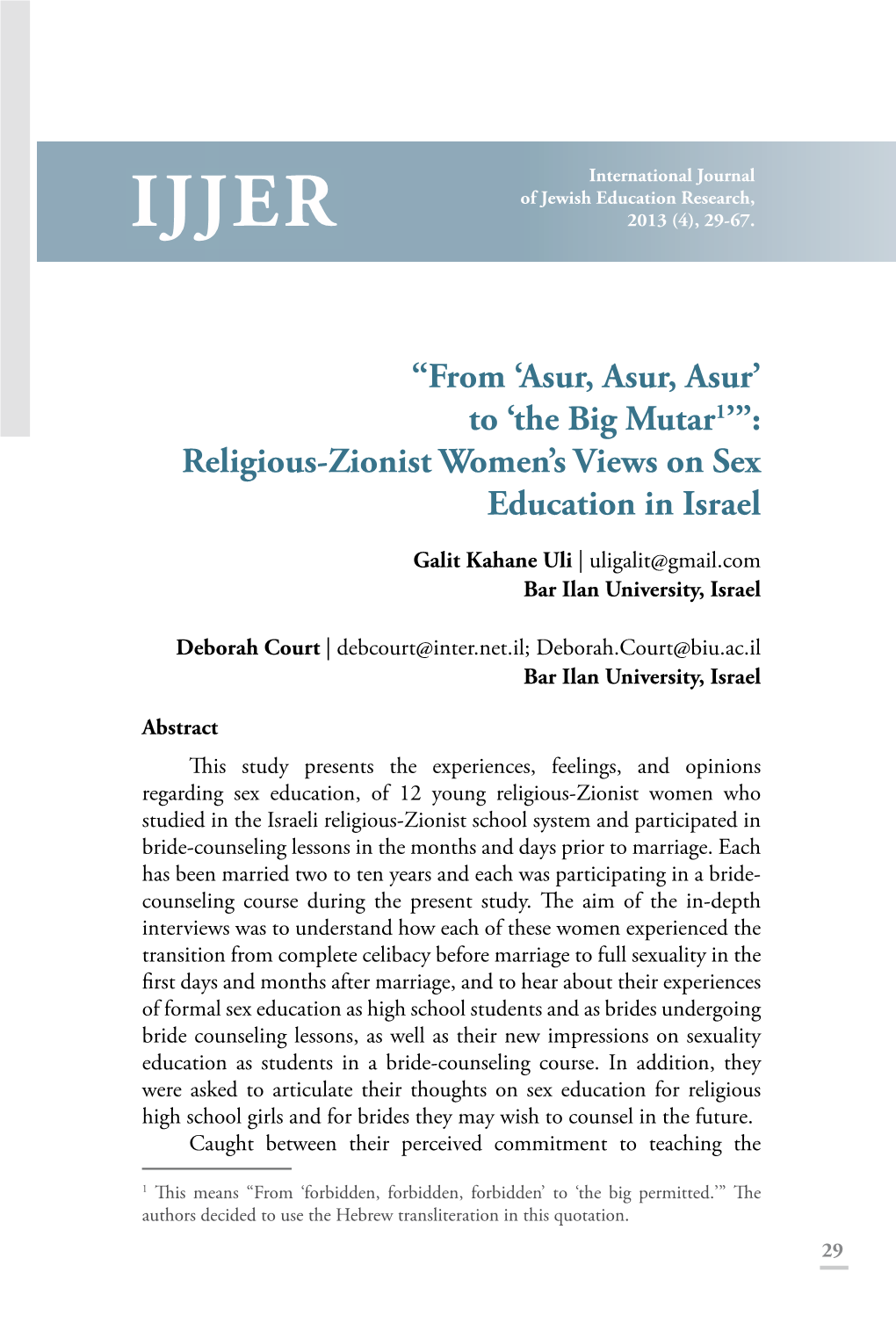 Religious-Zionist Women's Views on Sex Education in Israel