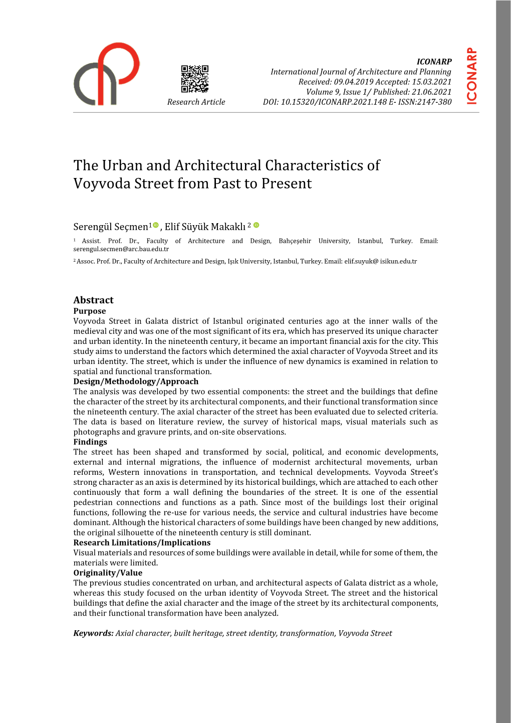 The Urban and Architectural Characteristics of Voyvoda Street from Past to Present