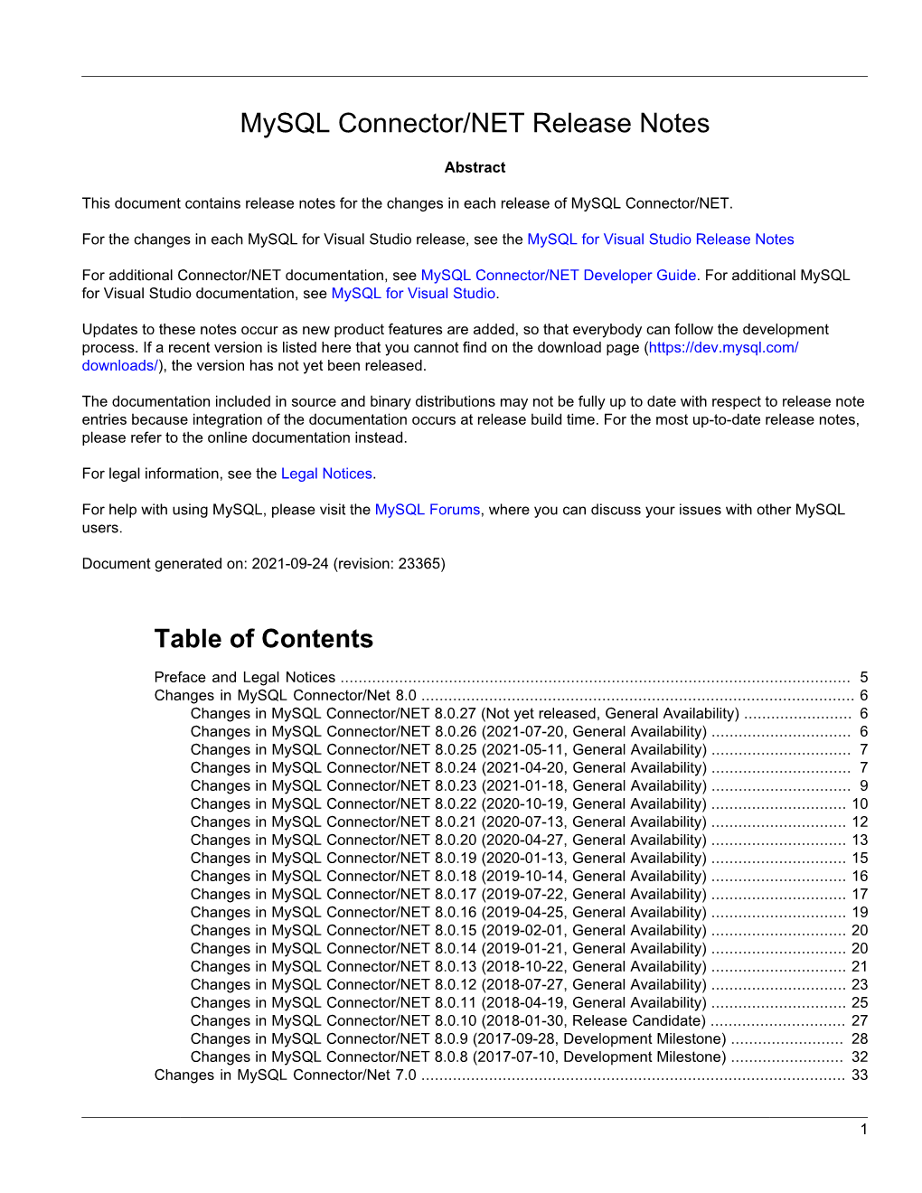 Mysql Connector/NET Release Notes