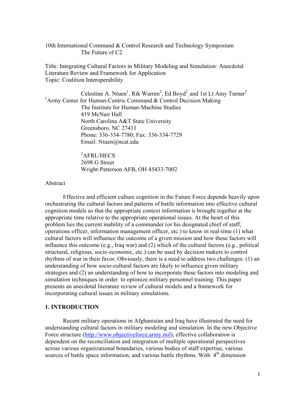 Paper Presents an Anecdotal Literature Review of Cultural Models and a Framework for Incorporating Cultural Issues in Military Simulations