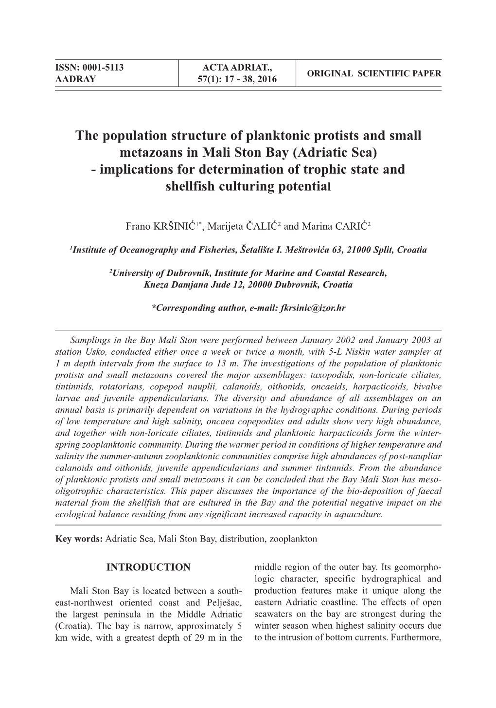 Adriatic Sea) - Implications for Determination of Trophic State and Shellfish Culturing Potential