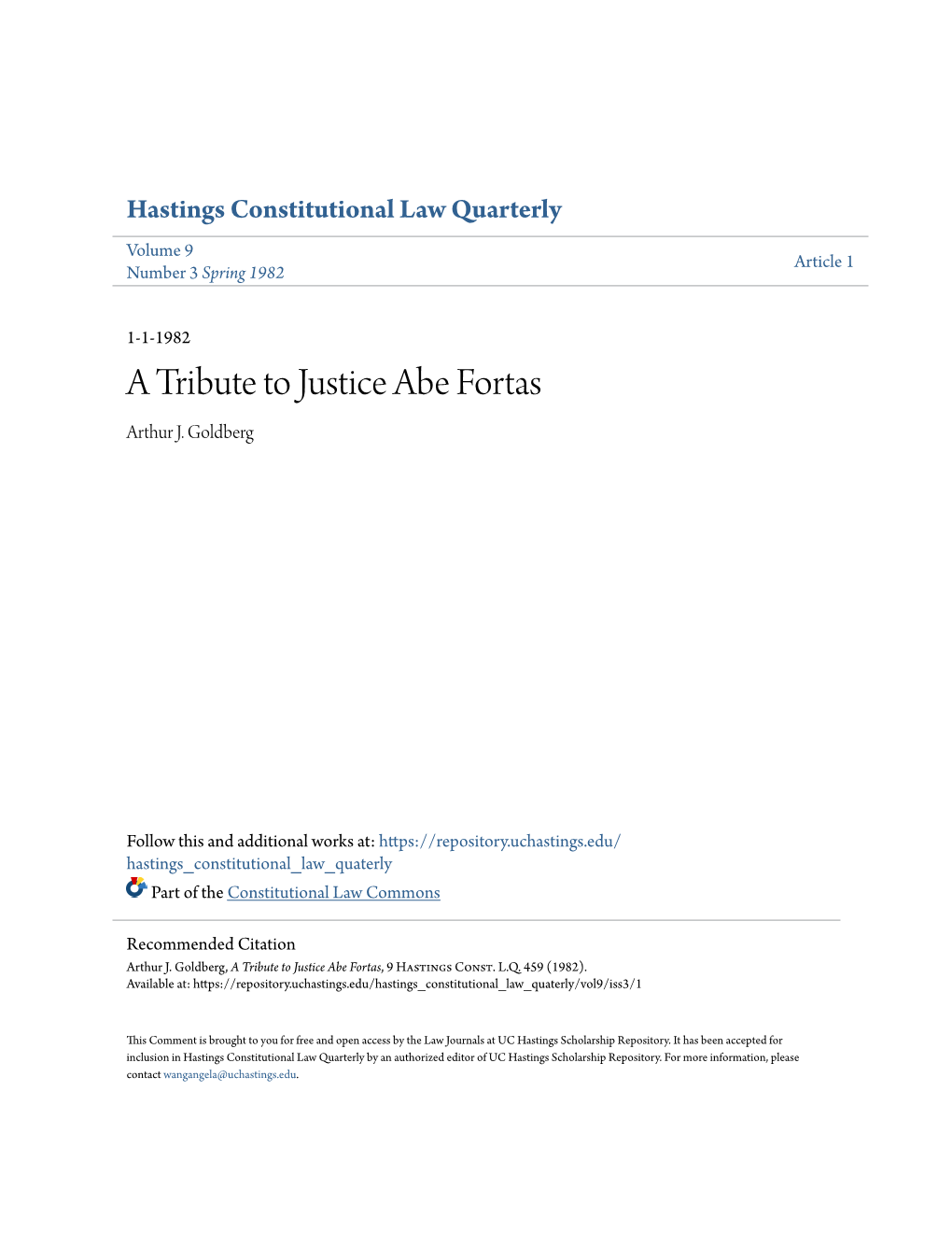 A Tribute to Justice Abe Fortas Arthur J