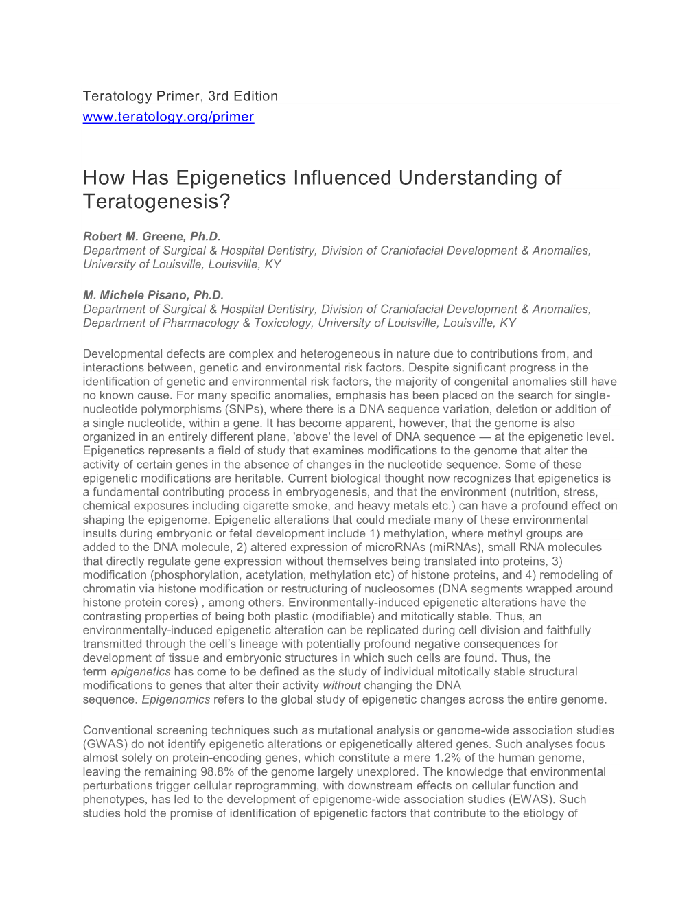 How Has Epigenetics Influenced Understanding of Teratogenesis?