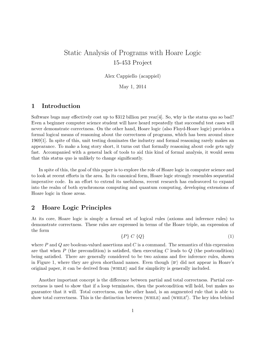Static Analysis of Programs with Hoare Logic 15-453 Project