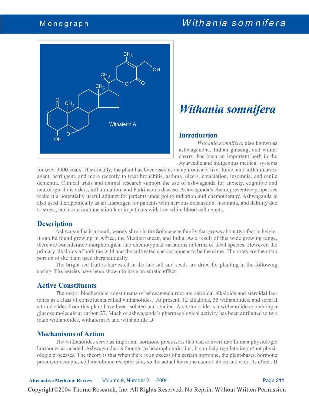 Withania Somnifera Monograph