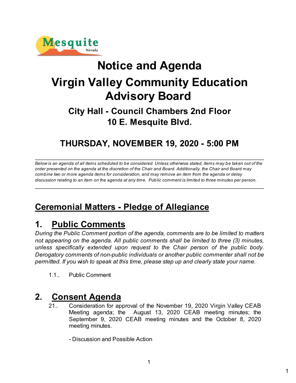 Notice and Agenda Virgin Valley Community Education Advisory Board City Hall - Council Chambers 2Nd Floor 10 E