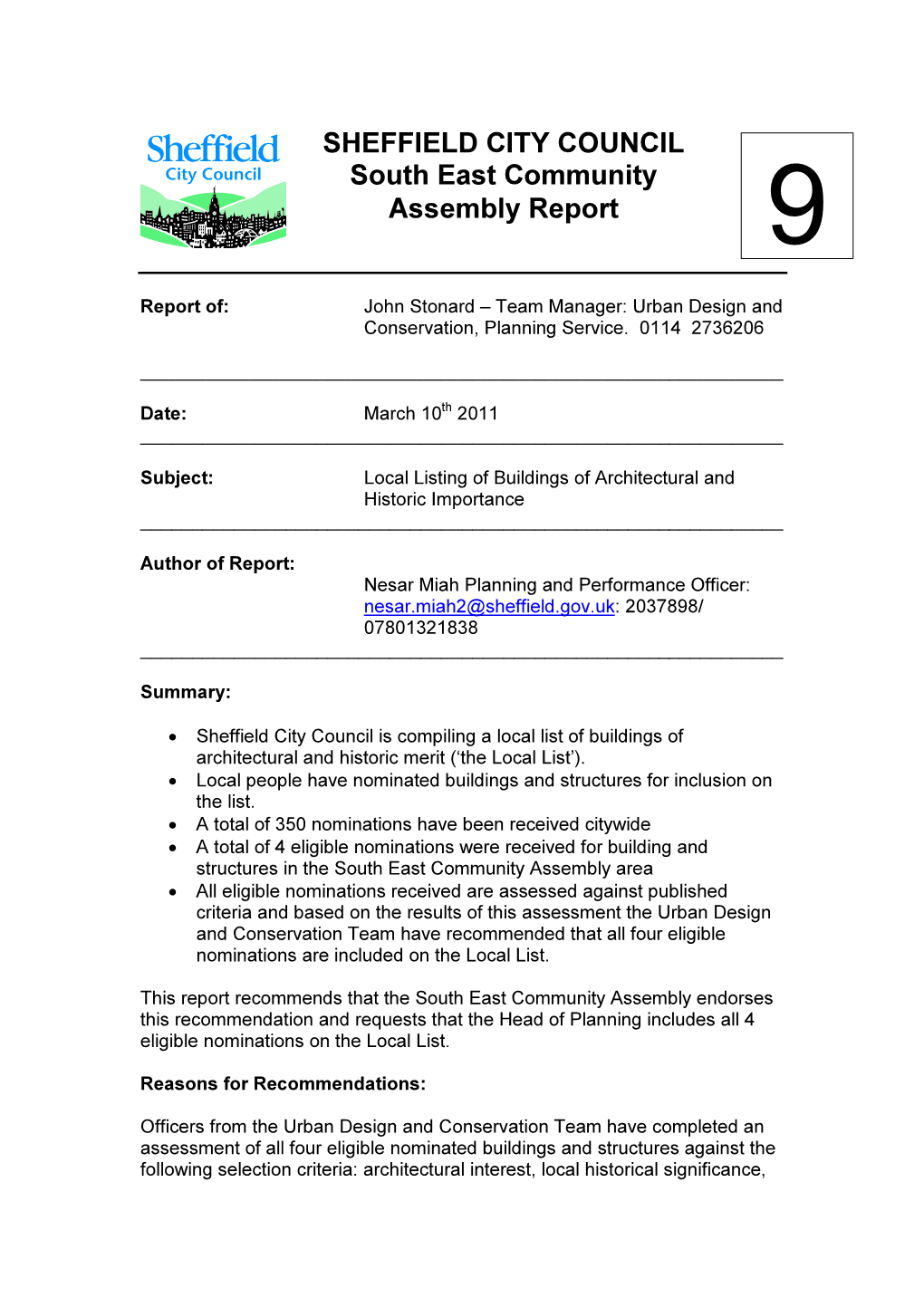 SHEFFIELD CITY COUNCIL South East Community Assembly Report 9
