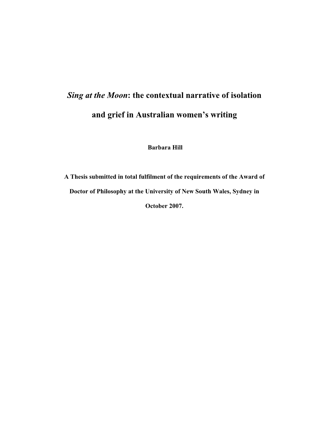The Contextual Narrative of Isolation and Grief in Australia Womenâ€™S Writing