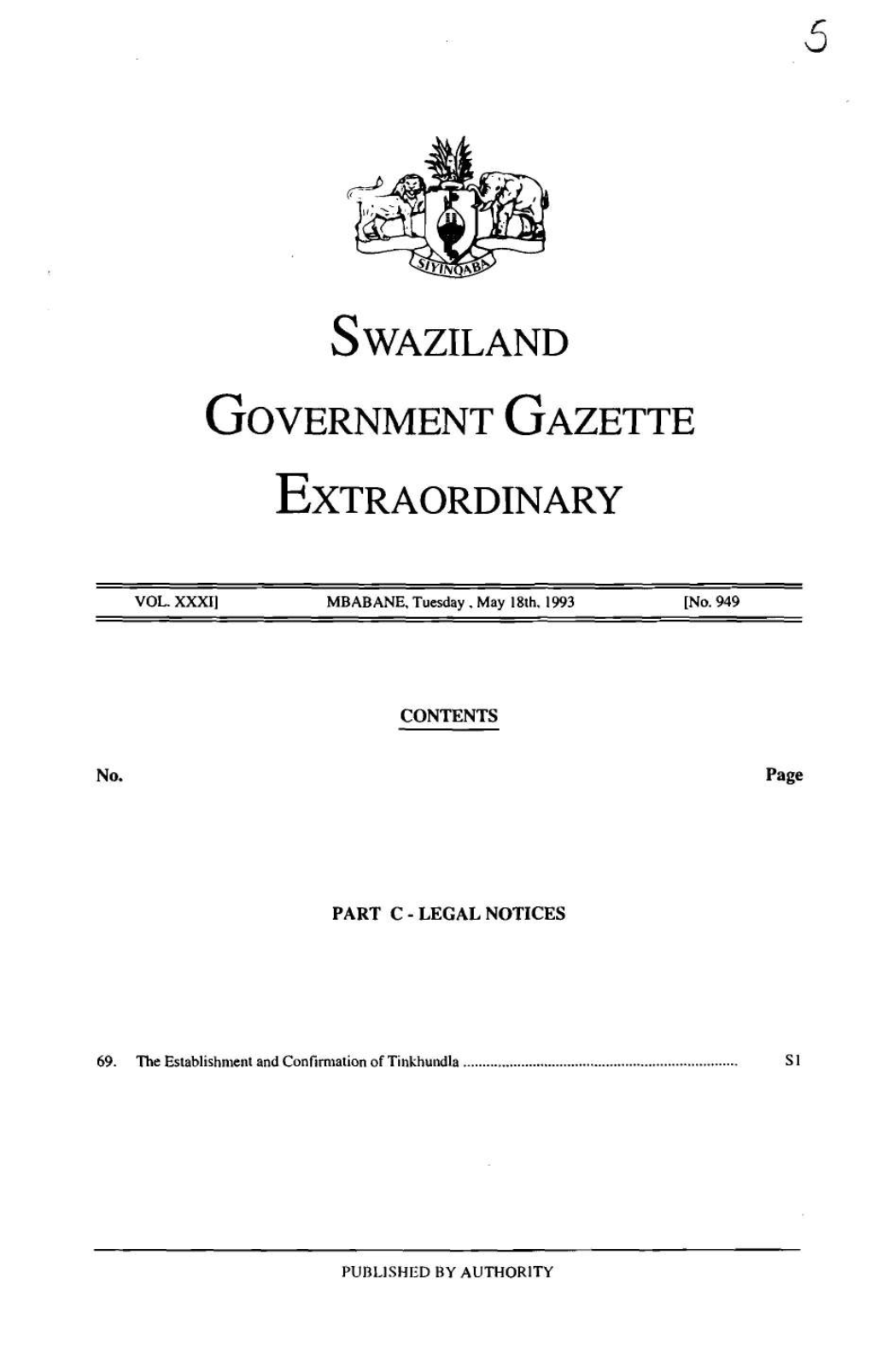 Swaziland Government Gazette Extraordinary