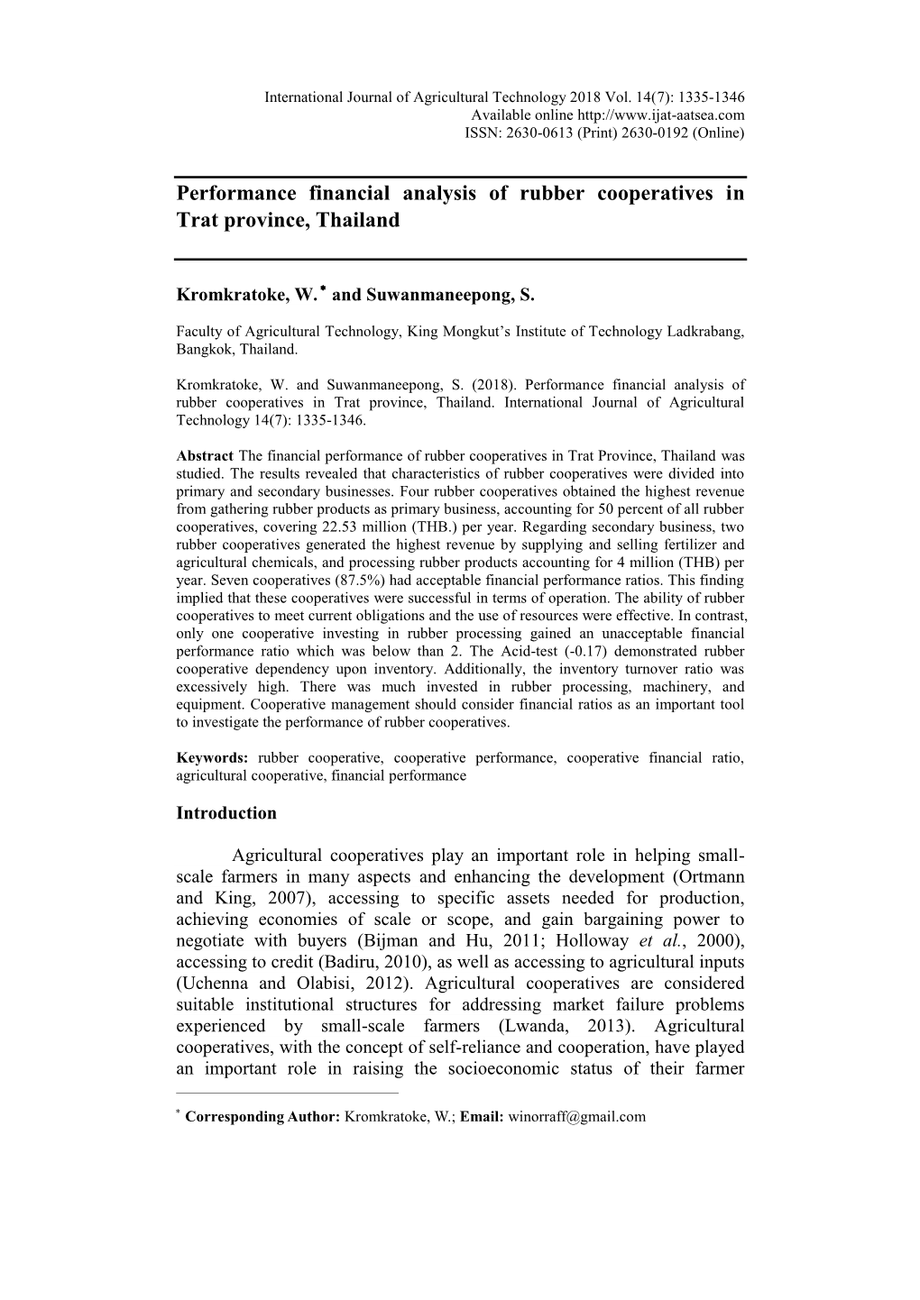 Performance Financial Analysis of Rubber Cooperatives in Trat Province, Thailand