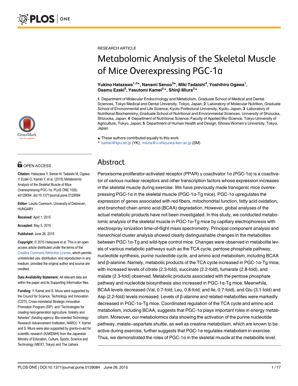 Metabolomic Analysis of the Skeletal Muscle of Mice Overexpressing PGC-1Α