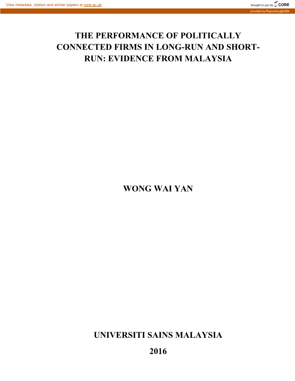 Evidence from Malaysia Wong Wai Yan Universiti Sains