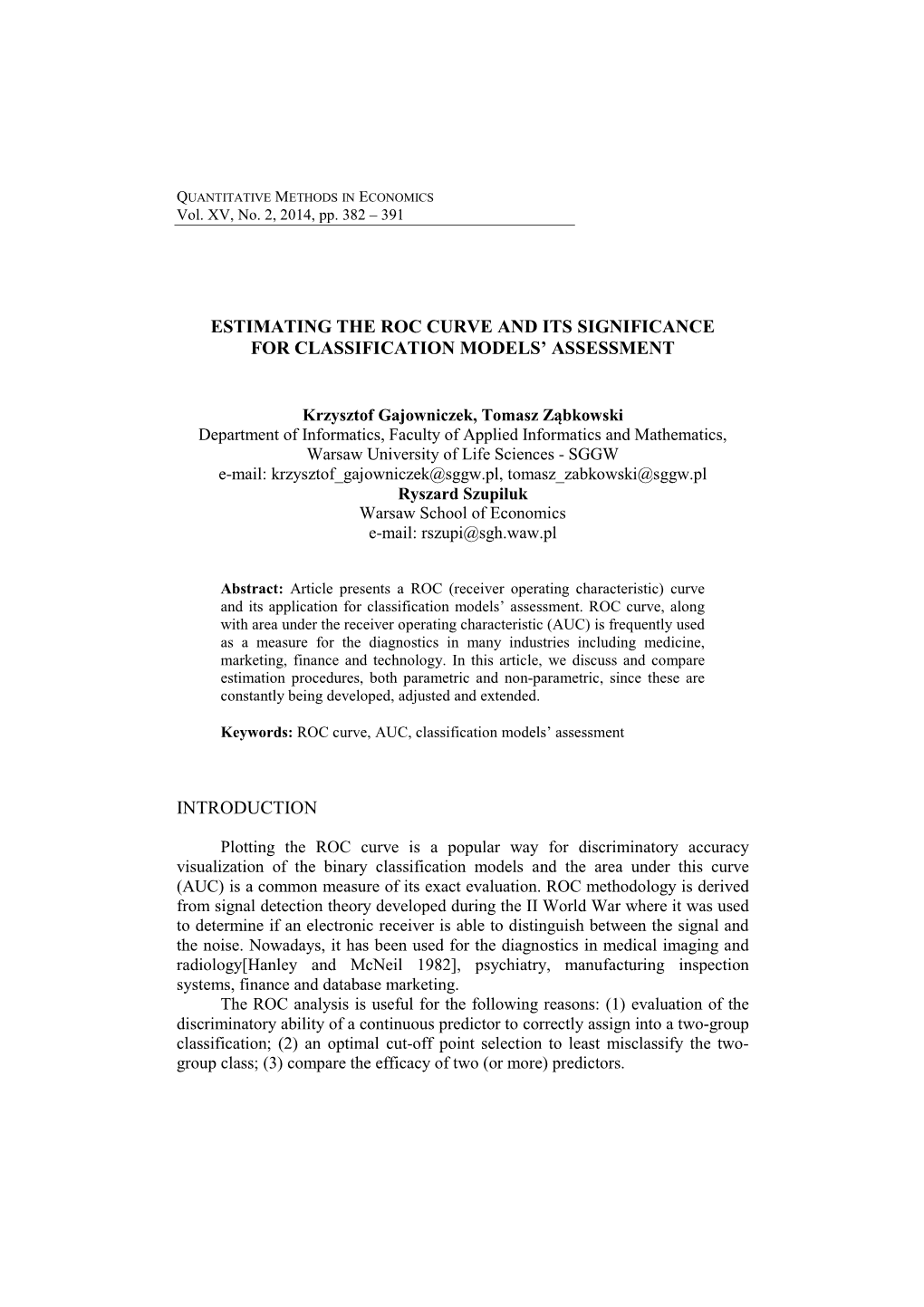 Estimating the Roc Curve and Its Significance for Classification Models’ Assessment