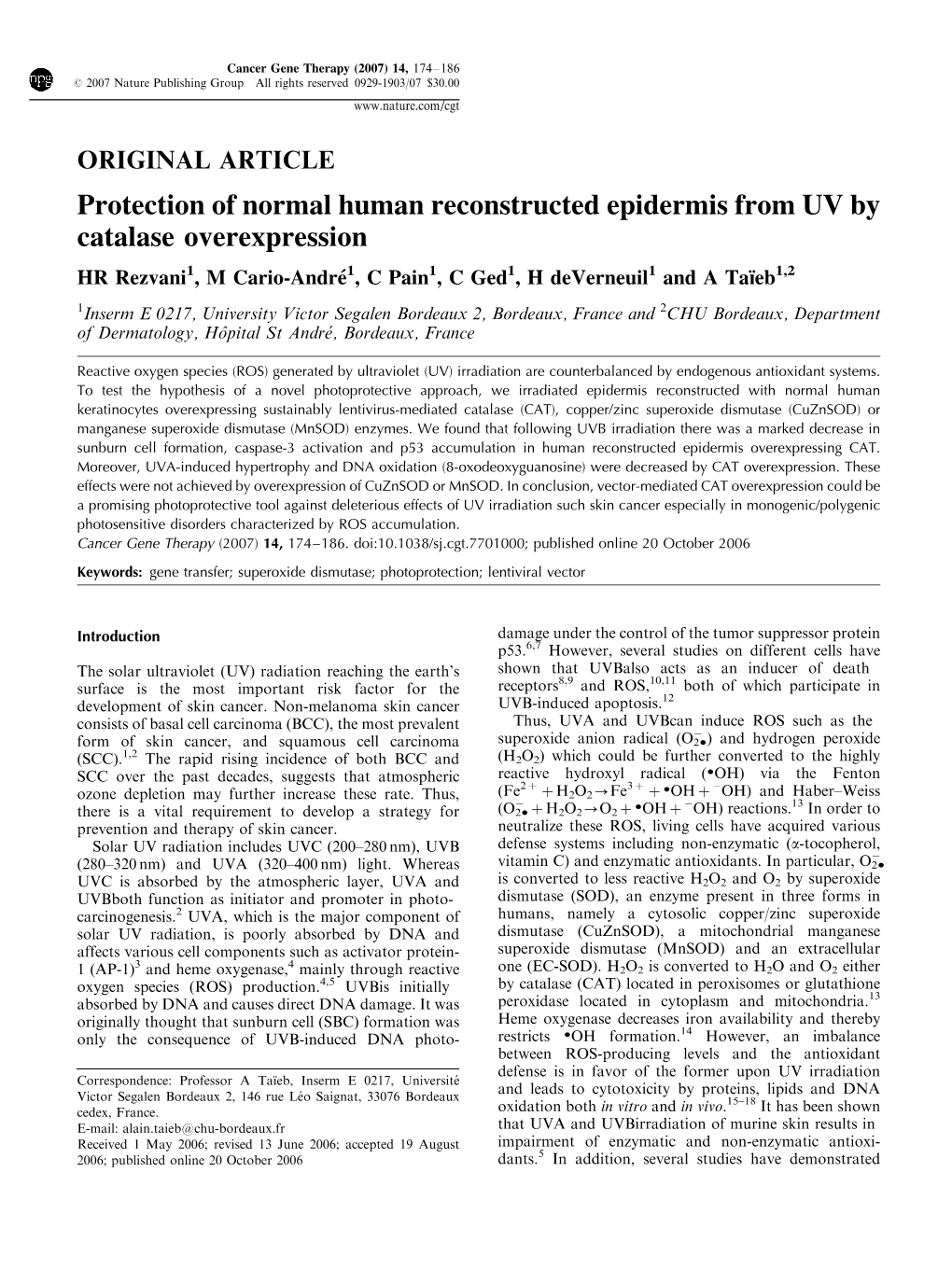 Protection of Normal Human Reconstructed Epidermis from UV By