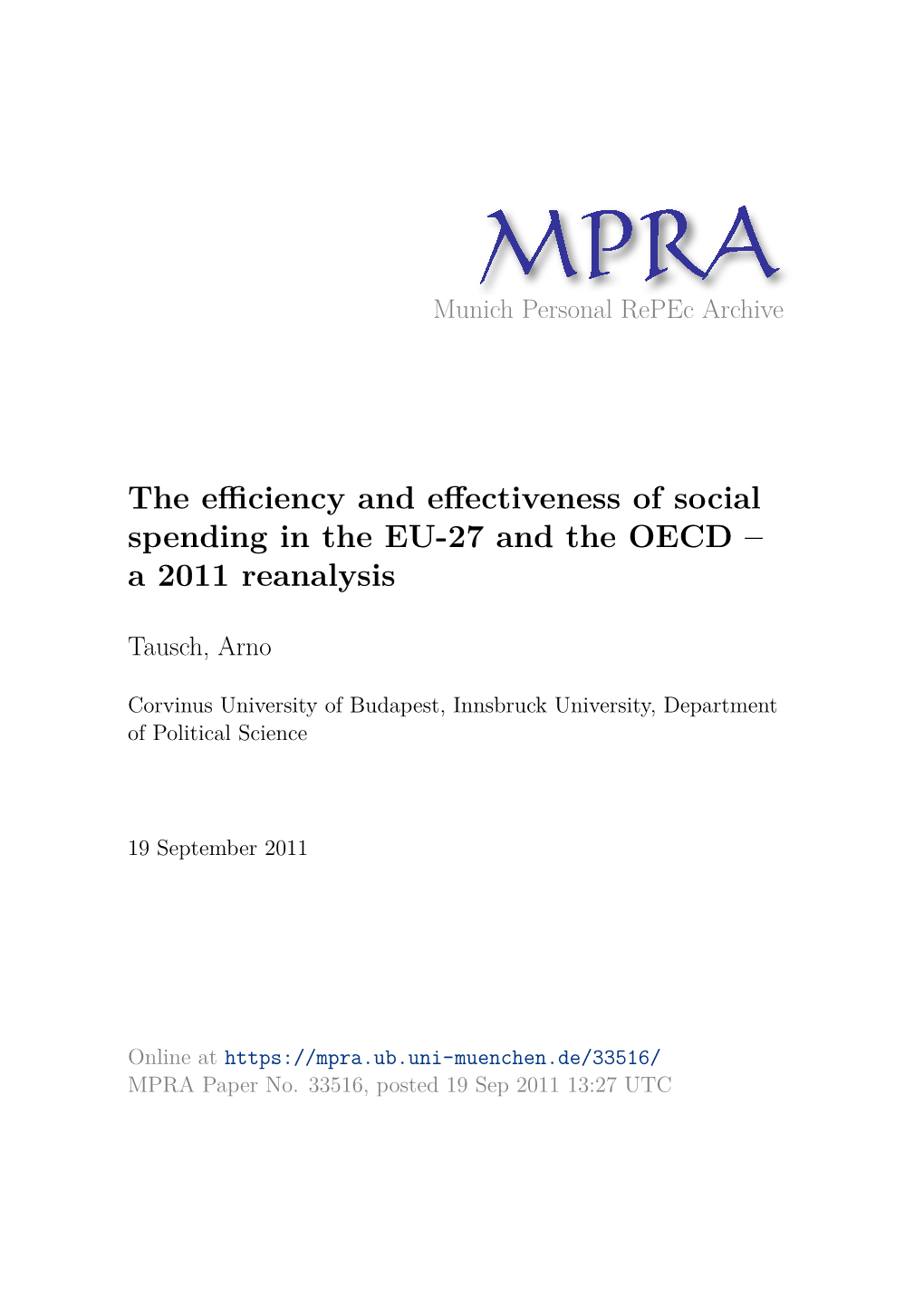 The Efficiency and Effectiveness of Social Spending in the EU-27 and the OECD – a 2011 Reanalysis