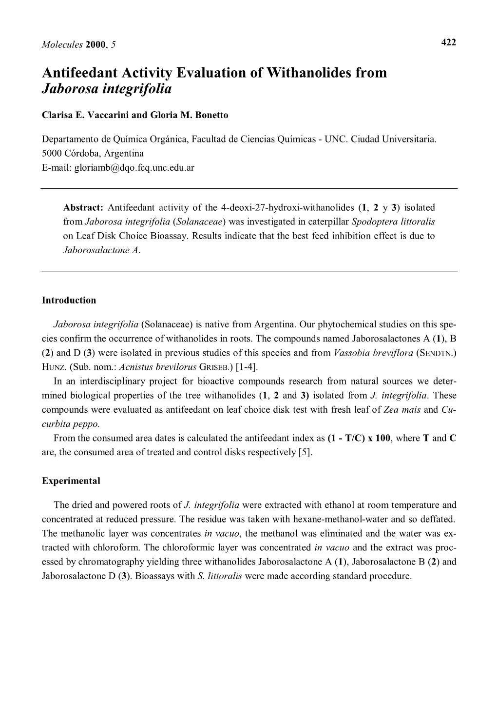 Antifeedant Activity Evaluation of Withanolides from Jaborosa Integrifolia