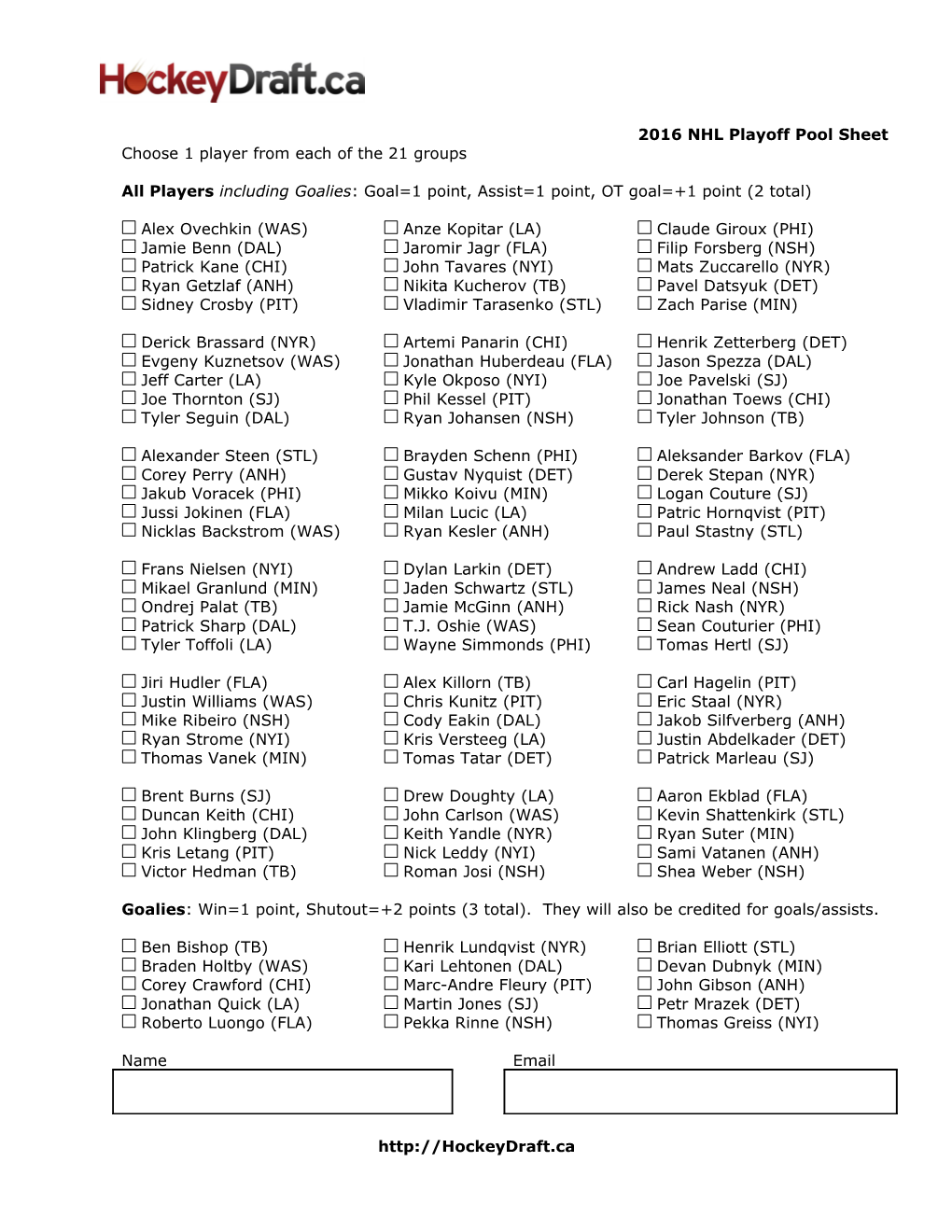 Hockeydraft.Ca Pool Sheet