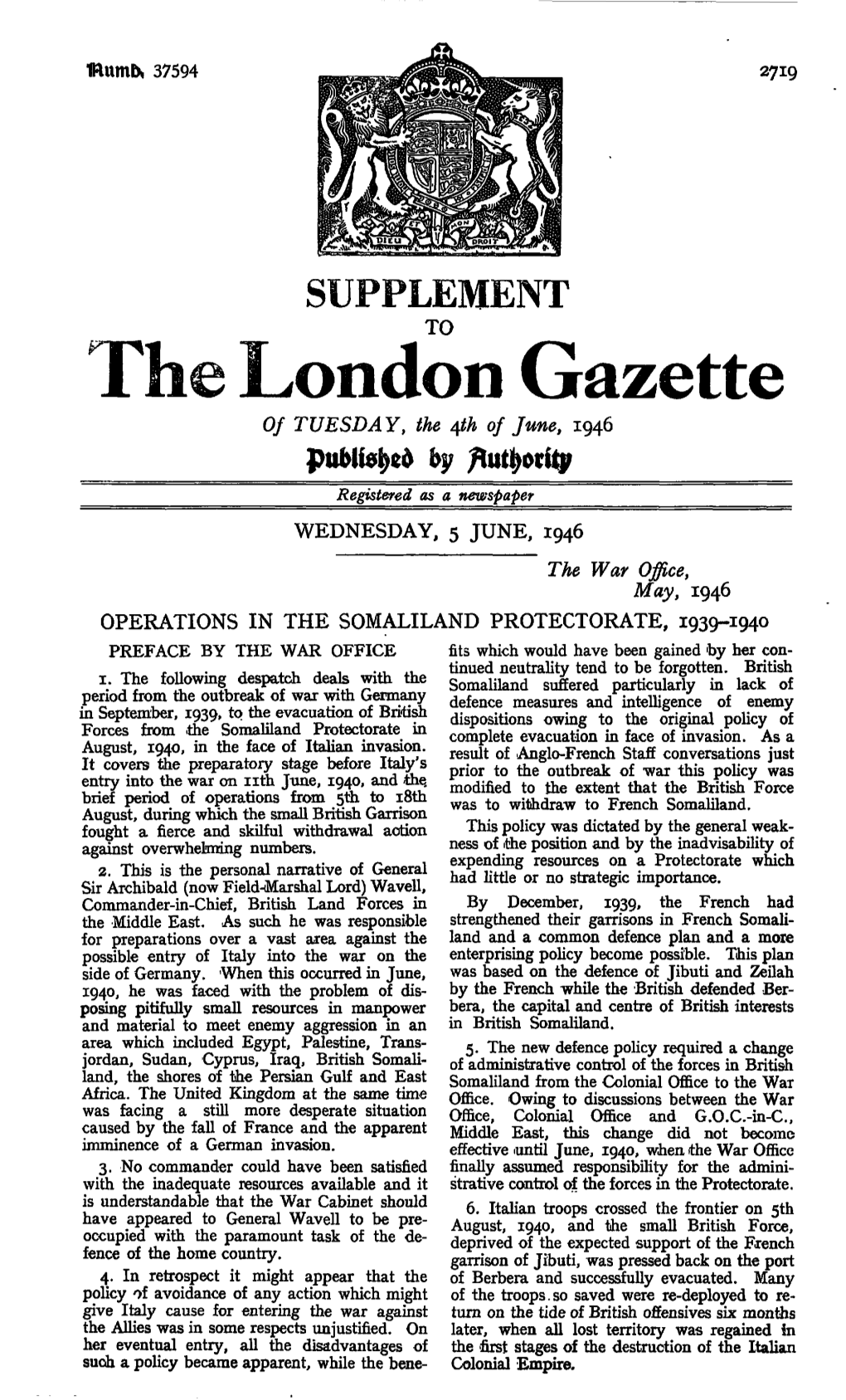 London Gazette of TUESDAY, the Tfh of June, 1946