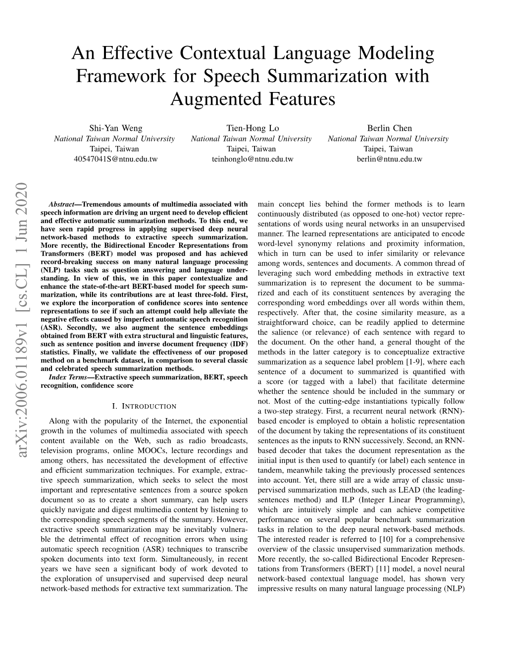 An Effective Contextual Language Modeling Framework for Speech Summarization with Augmented Features