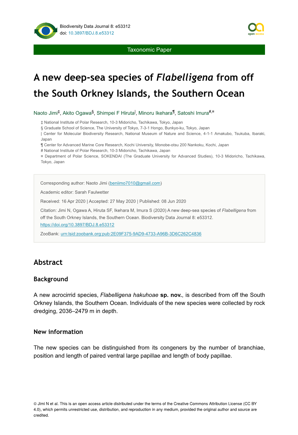 A New Deep-Sea Species of Flabelligena from Off the South Orkney Islands, the Southern Ocean