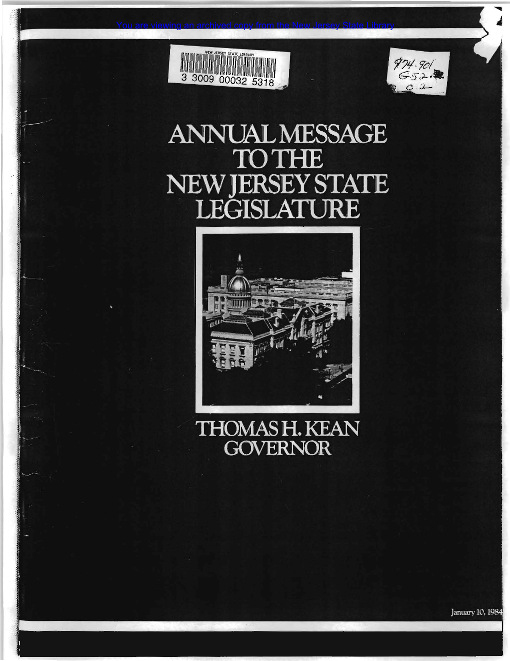 Governor Thomas H. Kean Annual Message to the Legislature 1984