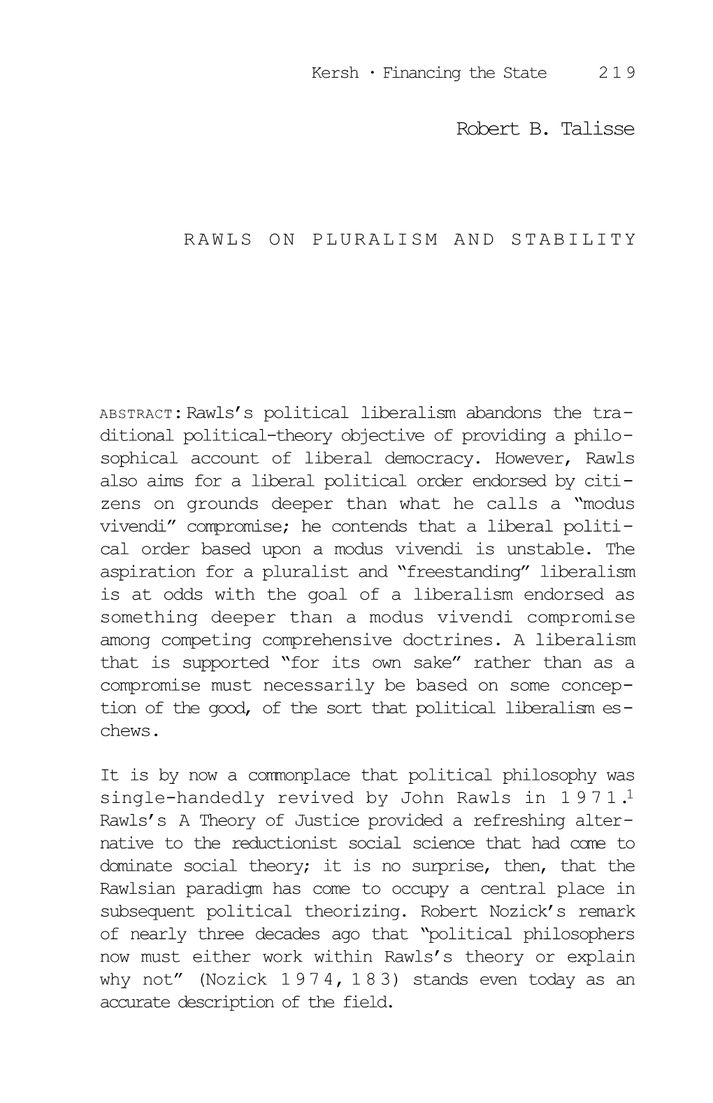 Rawls on Pluralism and Stability