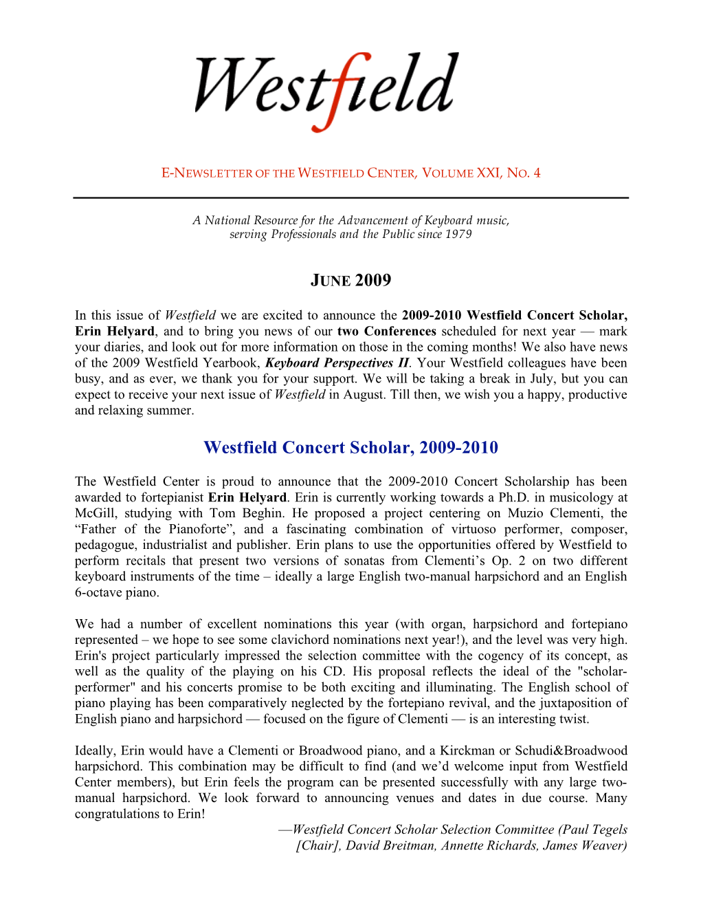 Westfield Newsletter, Vol. XXI, No. 4, June 2009