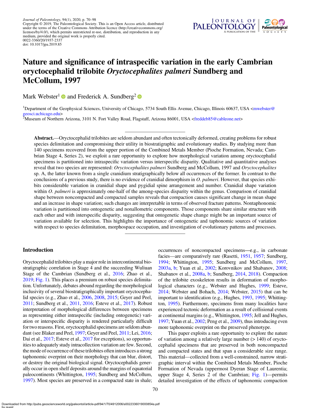 Pdf/94/1/70/4912006/S0022336019000854a.Pdf by Guest on 28 September 2021 Webster and Sundberg—Intraspeciﬁc Variation in Oryctocephalid Trilobite 71