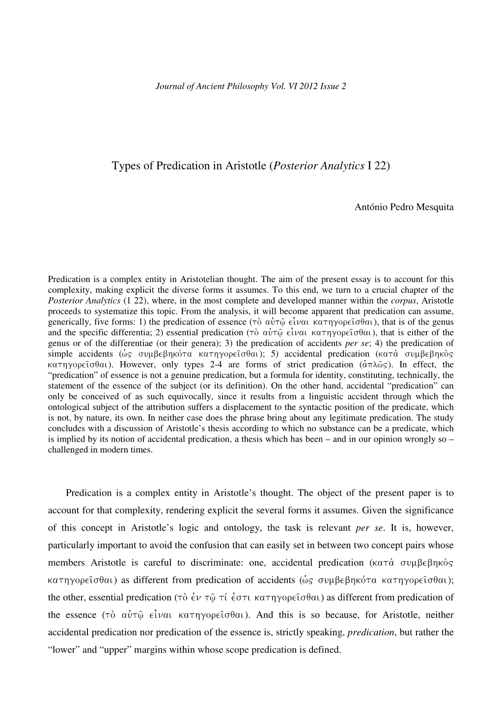 Types of Predication in Aristotle (Posterior Analytics I