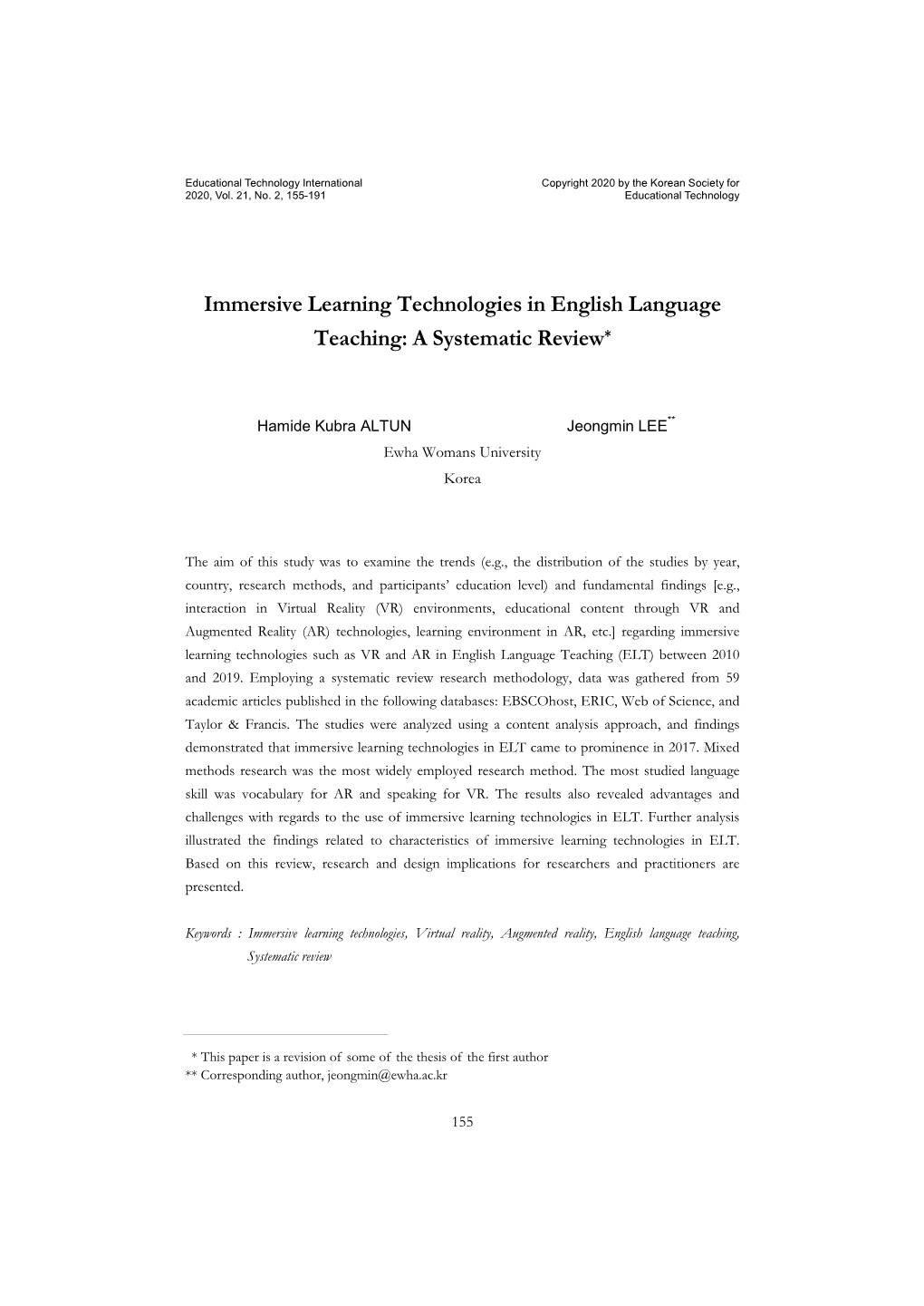 Immersive Learning Technologies in English Language Teaching: a Systematic Review*