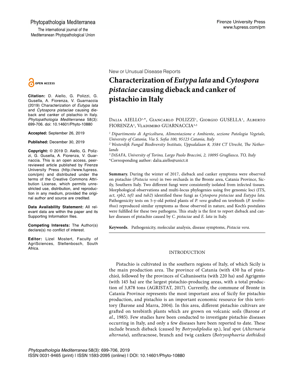Characterization of Eutypa Lataand Cytospora Pistaciaecausing