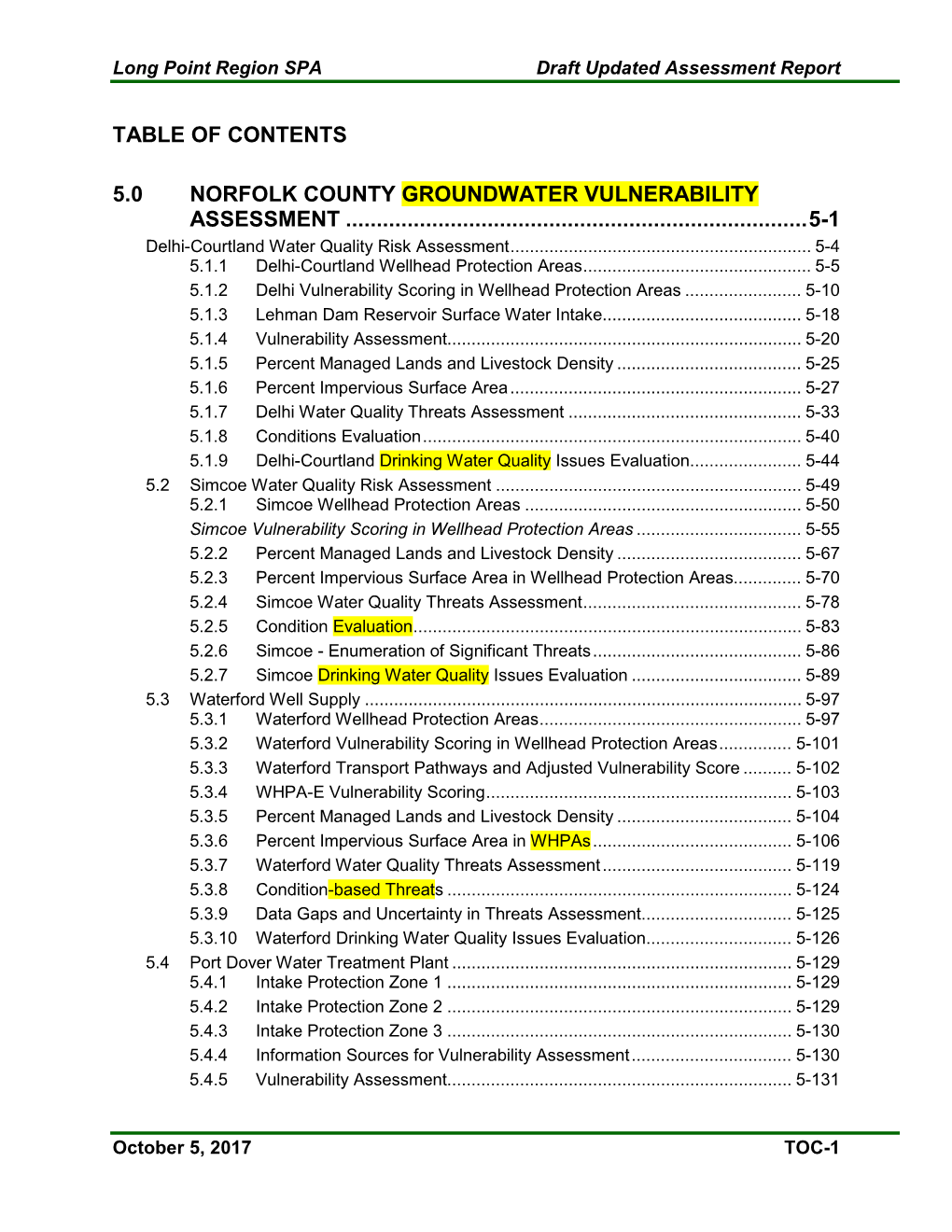 Table of Contents 5.0 Norfolk County Groundwater Vulnerability
