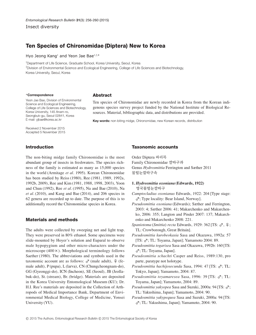 Ten Species of Chironomidae (Diptera) New to Korea