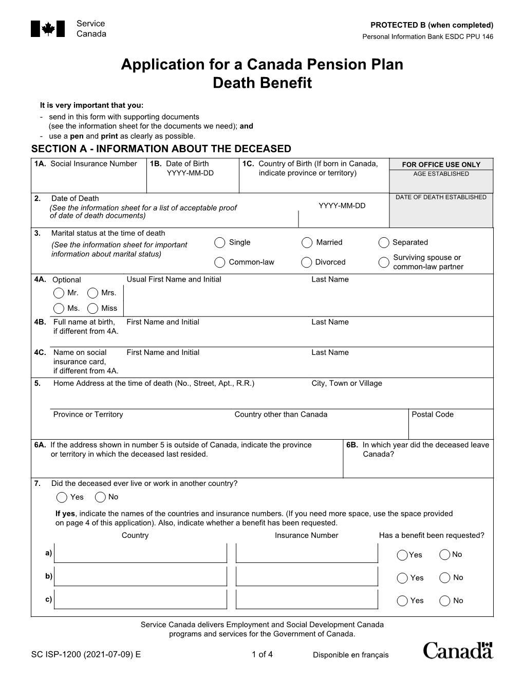 Application for CPP Death Benefit