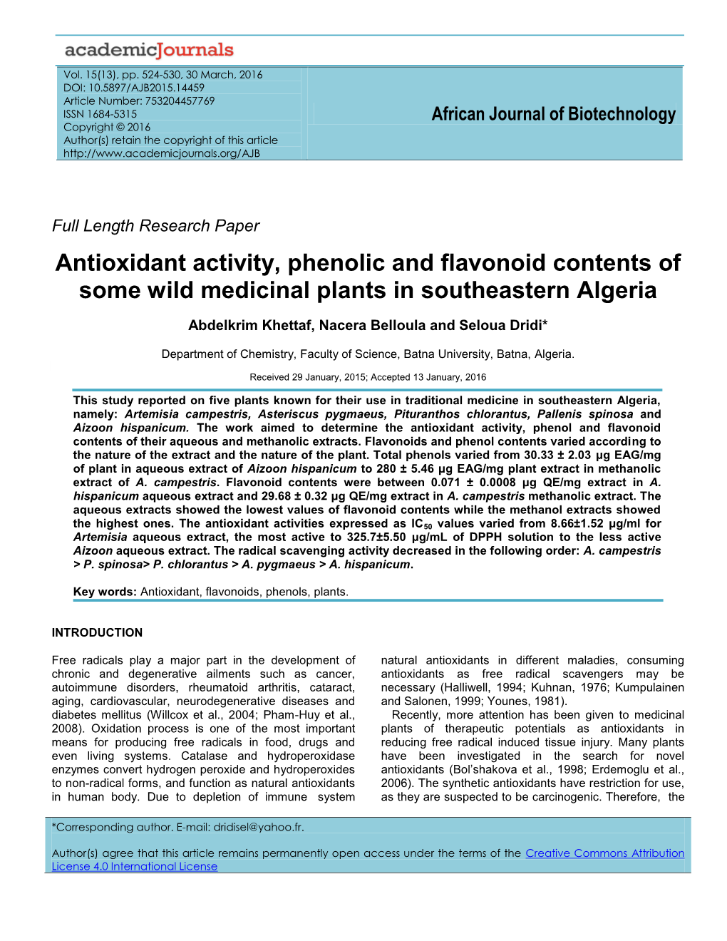 Antioxidant Activity, Phenolic and Flavonoid Contents of Some Wild Medicinal Plants in Southeastern Algeria
