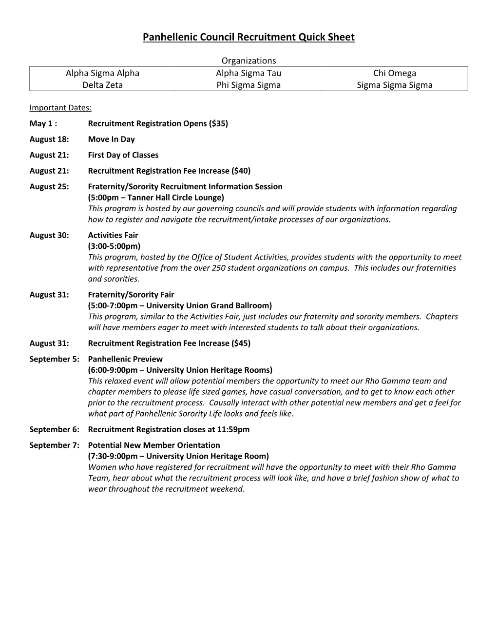 Panhellenic Council Recruitment Quick Sheet