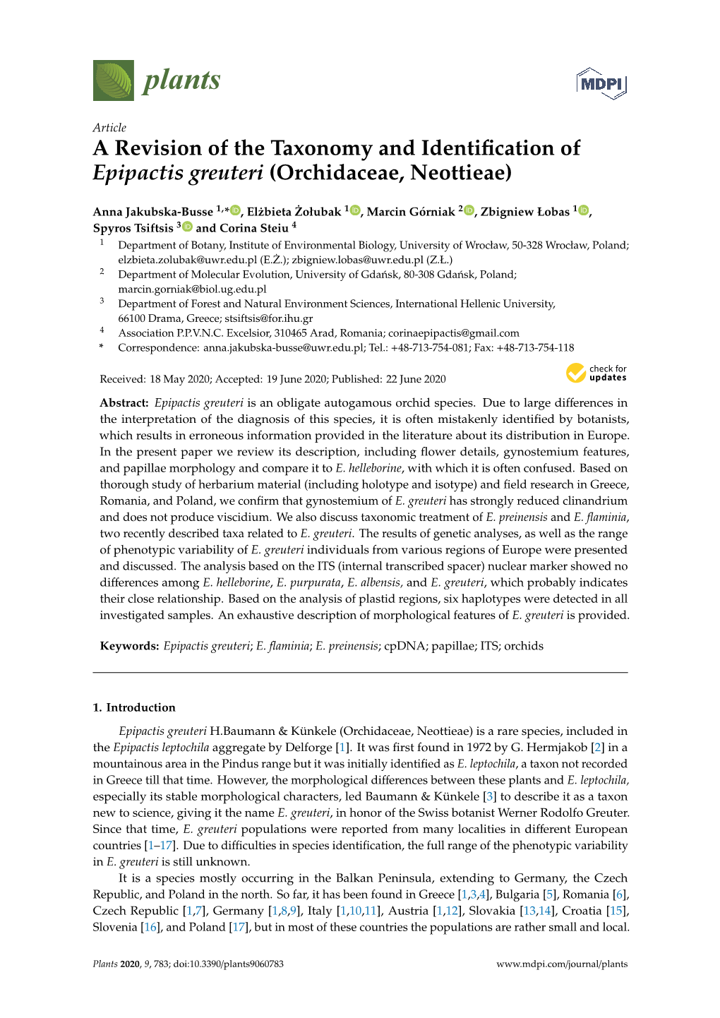 A Revision of the Taxonomy and Identification of Epipactis Greuteri