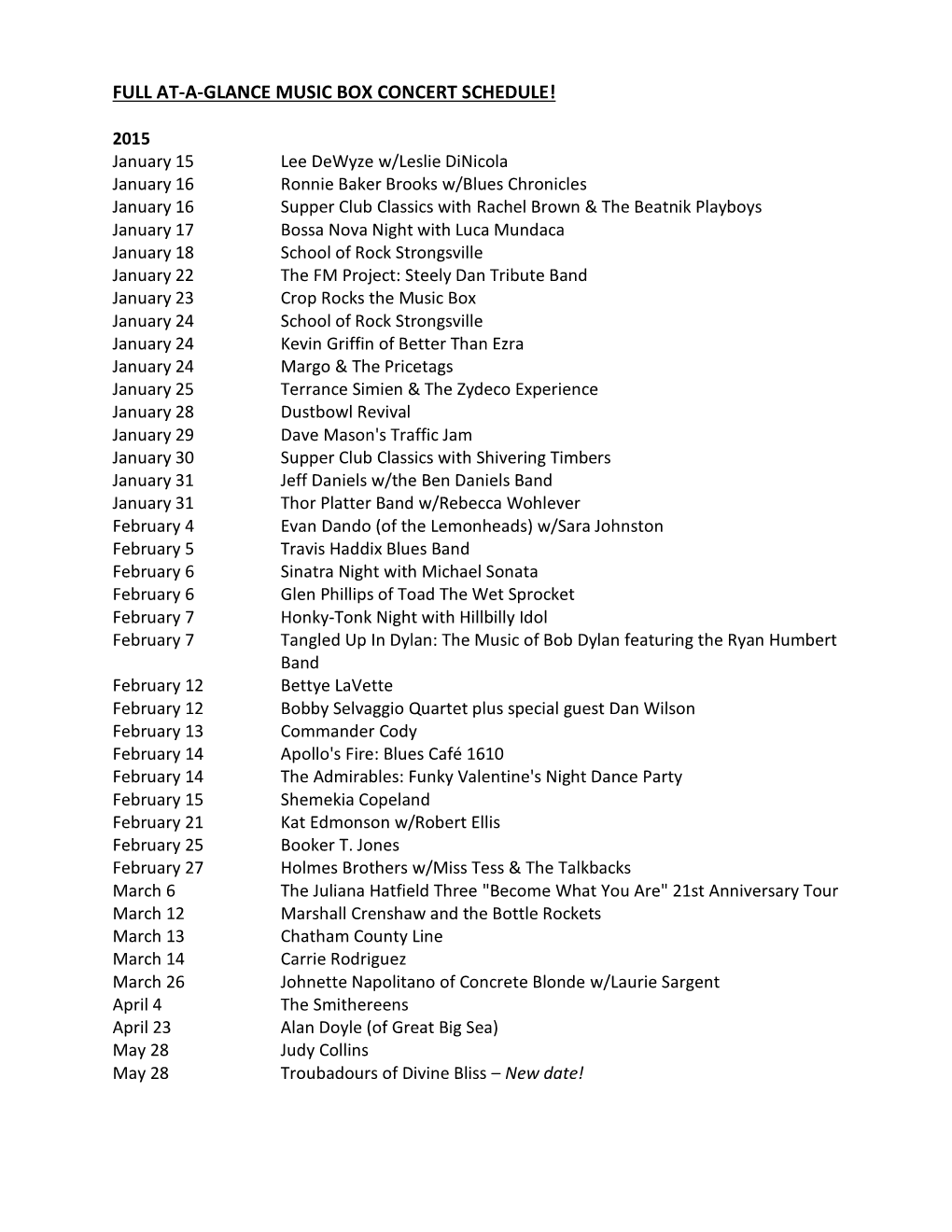 Full At-A-Glance Music Box Concert Schedule!