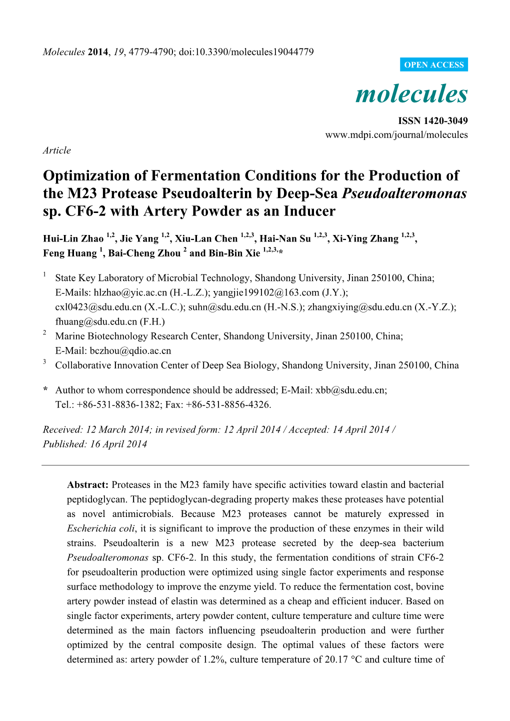 Optimization of Fermentation Conditions for the Production of the M23 Protease Pseudoalterin by Deep-Sea Pseudoalteromonas Sp