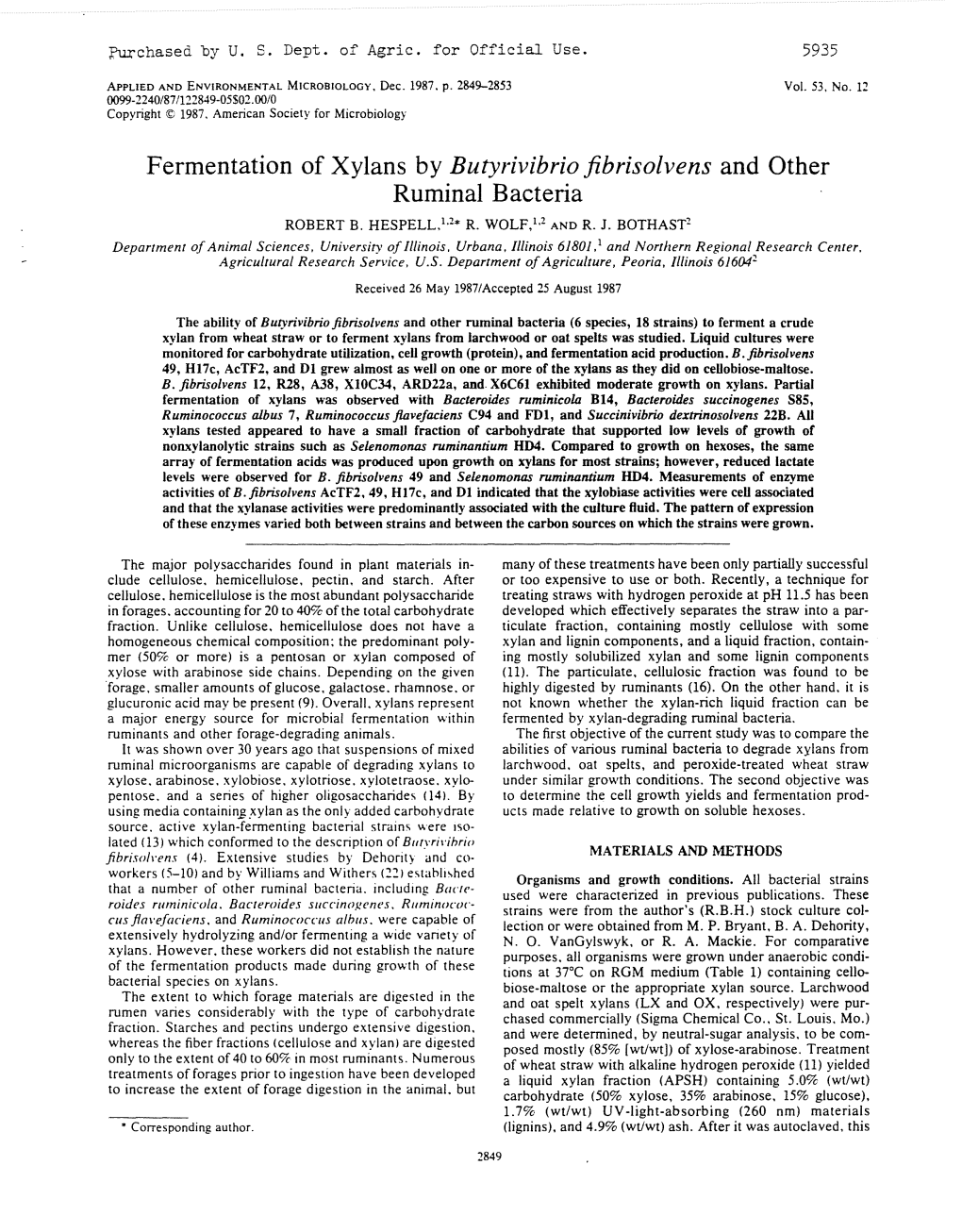Fermentation of Xylans by Butyrivibrio Fibrisolvens and Other Ruminal Bacteria