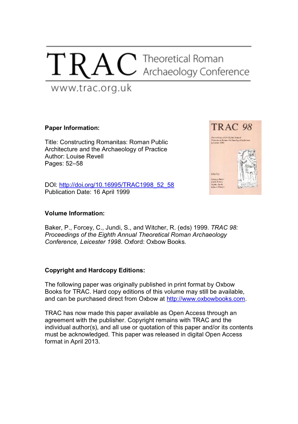 Roman Public Architecture and the Archaeology of Practice Author: Louise Revell Pages: 52–58