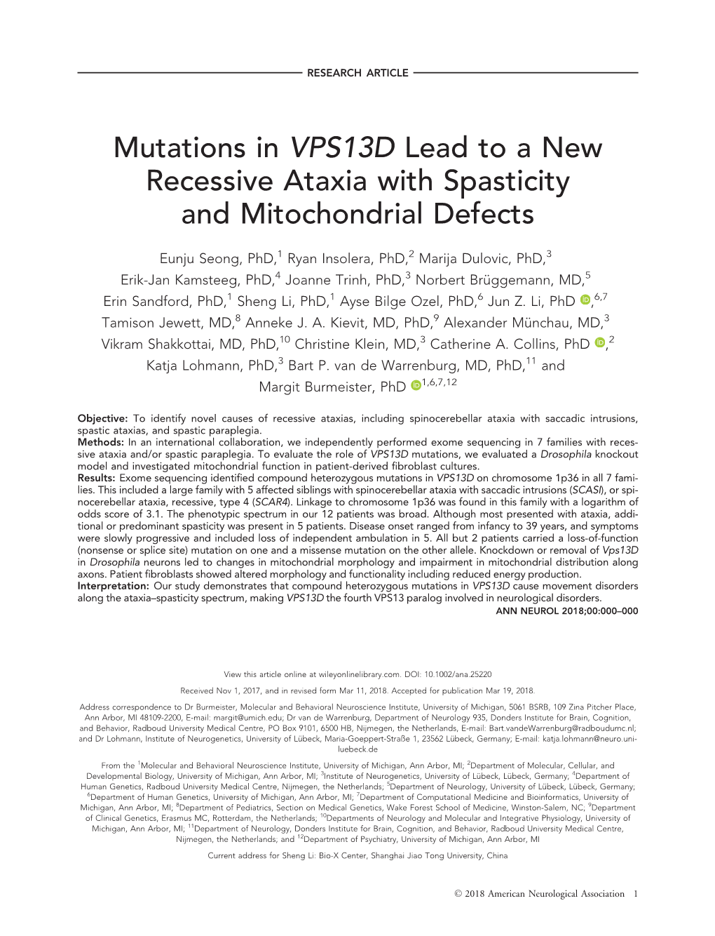 Mutations in VPS13D Lead to a New Recessive Ataxia with Spasticity and Mitochondrial Defects