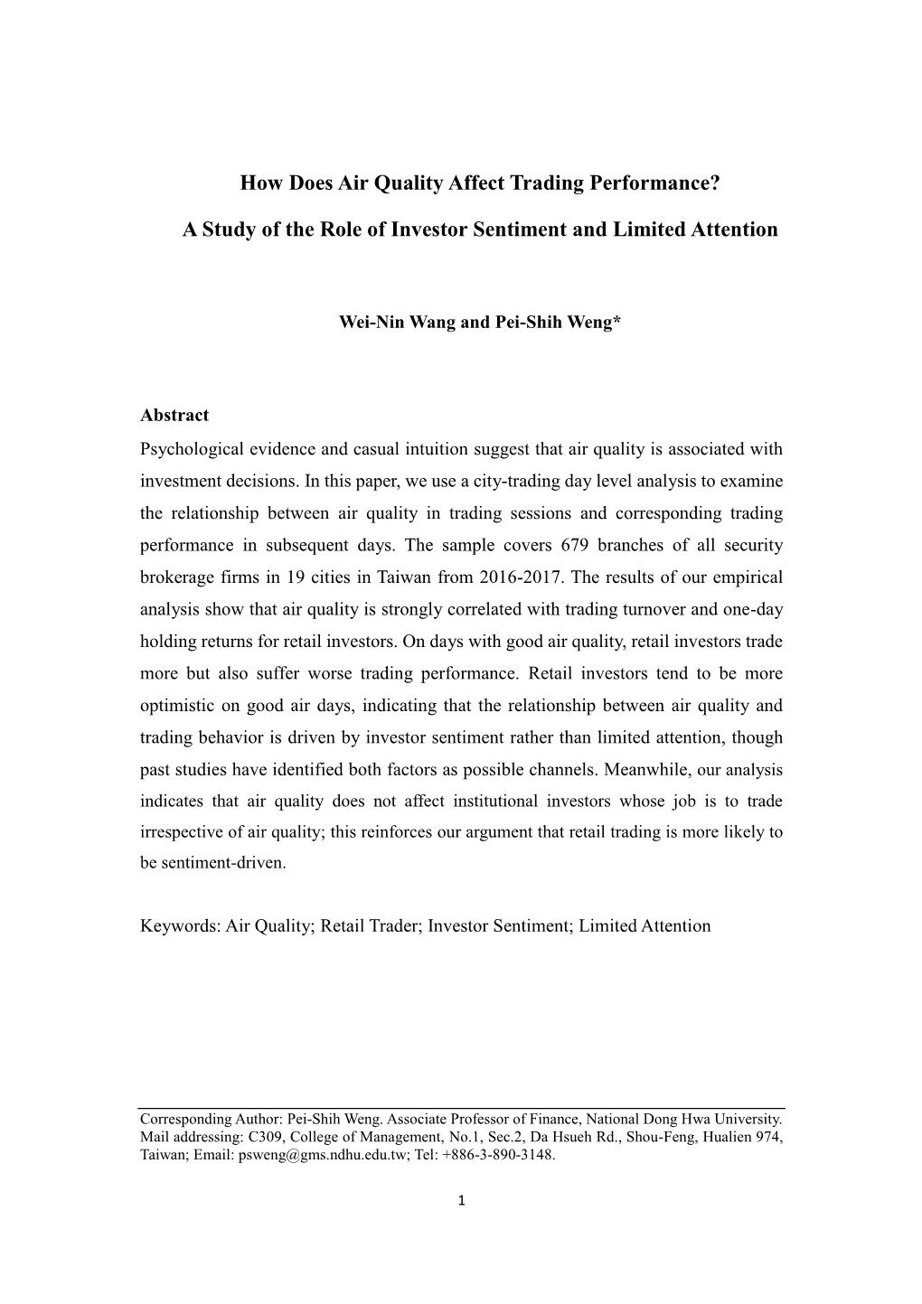 How Does Air Quality Affect Trading Performance? a Study of the Role