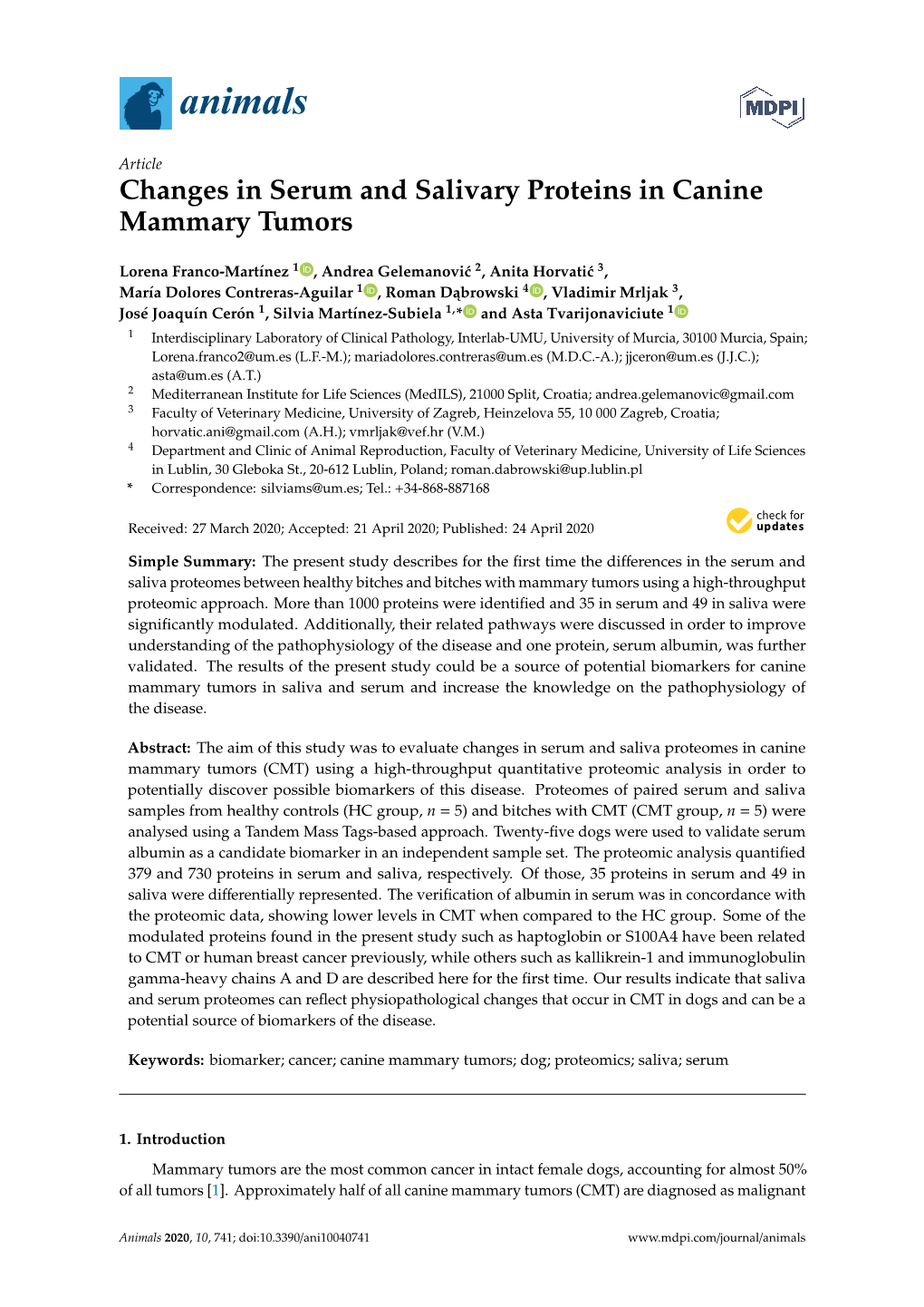 Changes in Serum and Salivary Proteins in Canine Mammary Tumors