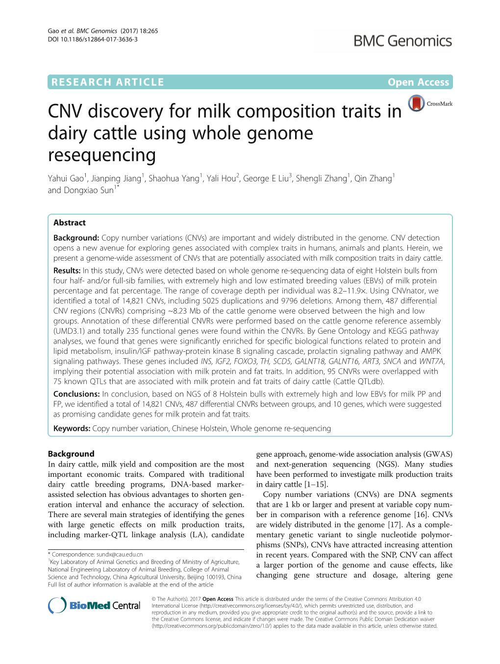 CNV Discovery for Milk Composition Traits in Dairy