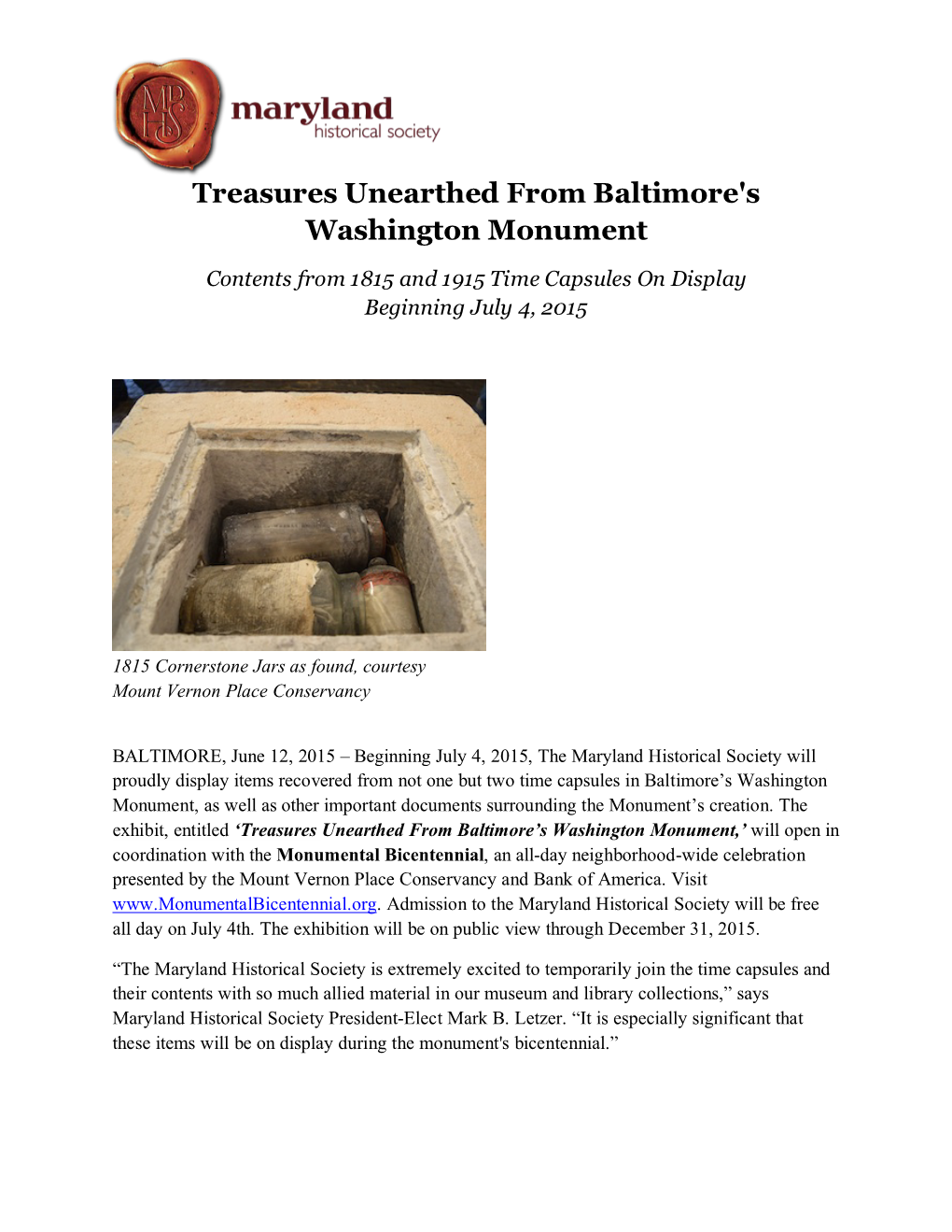 Treasures Unearthed from Baltimore's Washington Monument
