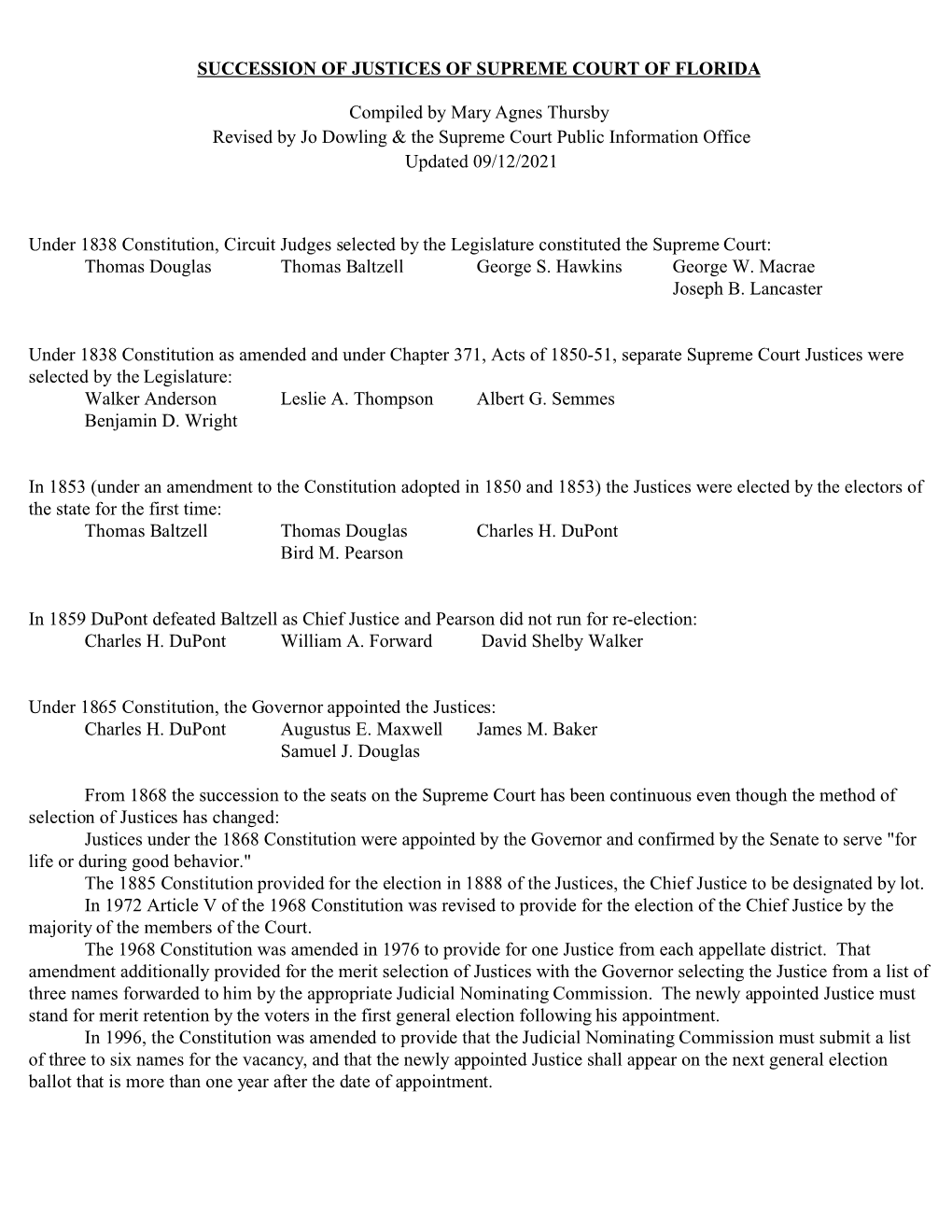 Succession of Justices of Supreme Court of Florida