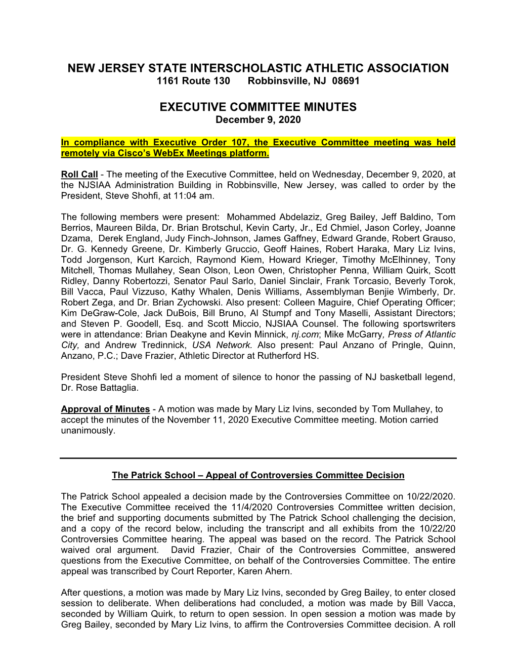 EXECUTIVE COMMITTEE MINUTES December 9, 2020